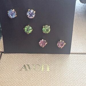 Vintage Avon Rainbow Cubic Zirconia GoldTone Stud Earrings Three Colour Set 244